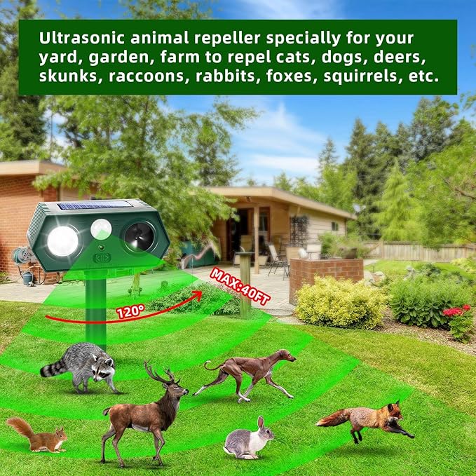 2025 Solar Ultrasonic Racoon Fortress Pro, Deer Cat Repellent Devices Animal Repeller Squirrel Rabbit Deterrent Outdoor with Motion Sensor&Flash Light to Scare Dog Skunk Out of Garden Farm Yard(4Pack)