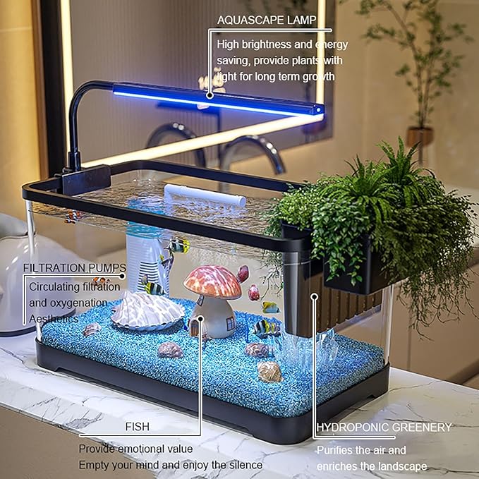 Fish Tank Aquarium Kit,Turtle Tank Kit with 3-in-1 Silent Water Pump Filter System, Self Cleaning Aquarium Starter Kit with LED Light Suitable for Small Fish Or Shrimp,Bottom Drainage(Medium)
