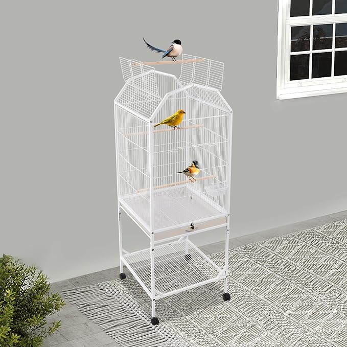 54 Inch 2-Tier Big Bird Cage with Food & Water Bowls Parakeet Bird Cage with Stand, Wheels Metal Birdcage Parrot Cage for Parakeet, Lovebirds, Ringneck, Cockatiels (White, 2 Tier-Open Top)