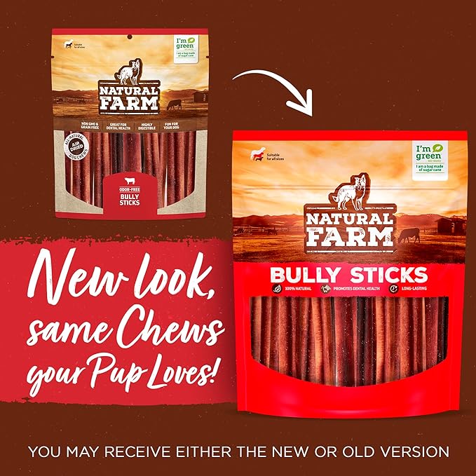 Natural Farm Odor-Free Bully Sticks (6 Inch, 6 Ounces), Packaged by Weight, 100% Beef Chews, Grass-Fed, Fully Digestible Treats to Keep Your Puppies, Small and Medium Dogs Busy