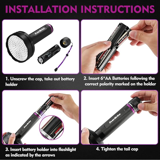 EverBrite UV Flashlight, 128 LED Blacklight Flashlights, 395nm Black Light Flashlight for Pet Urine Detection, Scorpions, Dry Stains, Bed Bug (Batteries Included)