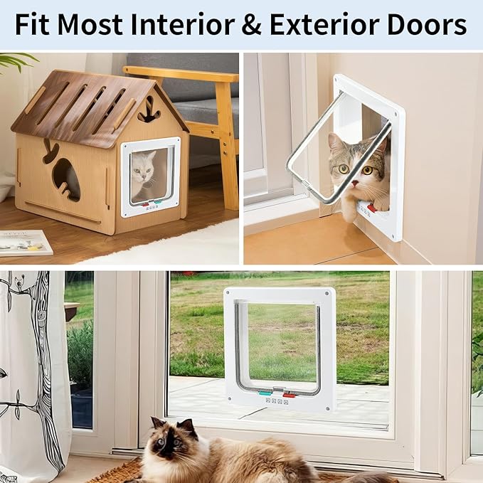 Cat Door for Interior Exterior Door (Outer Size 7.75" x 7.5"), 4-Way Locking Flap for Cats & Dogs(Circumference < 20"), Weatherproof Pet Door, White, ABS Material (M)