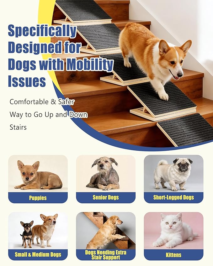 Pet Stair Ramp for Small Dogs, 4 Pack Foldable Wooden Dog Steps for Stairs, Anti-Slip Low-Angle Support for Senior, Short-Legged & Injured Pets