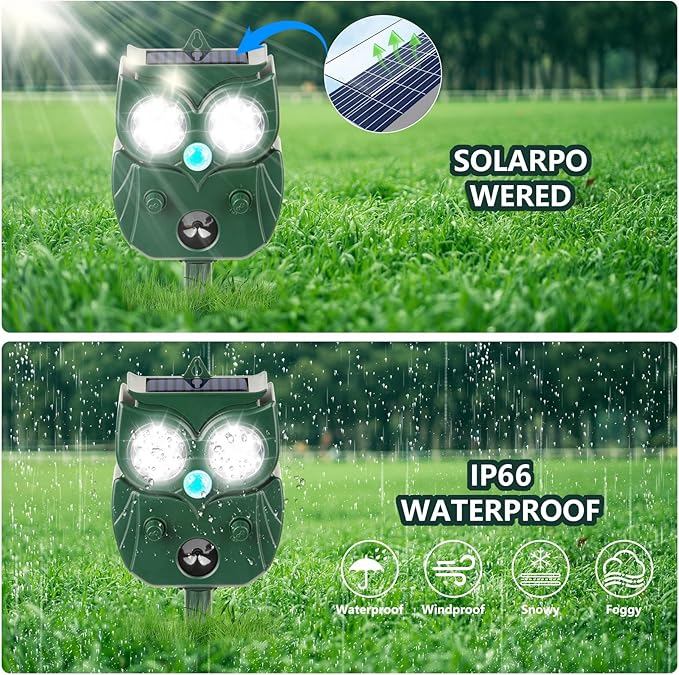 2 Pack 2026 Ultrasonic Animal Repellent Outdoor Deer Repellent Devices Solar Animal Repeller Motion Activated Deterrent to Scare Cat Squirrel Rabbit Raccoon Skunk with LED Flash Lights for Yard Lawns