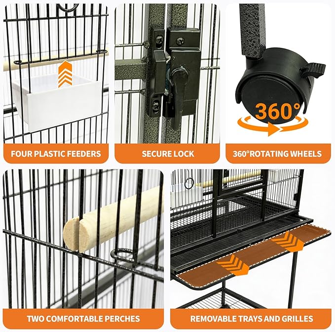 Extra Tall Large Bird Cage with Stand – 62" Flight Cage on Wheels for Parakeets, Parrots, Conures, Lovebirds, Cockatiels – Sturdy Metal Aviary, Black – Spacious Home for Birds – Model