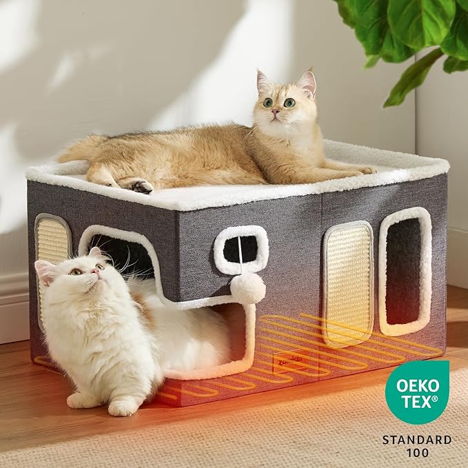 Heated Cat House for Indoor Cats - Large Cat Warming Bed for Winter with Fluffy Ball Hanging and Adjustable Heating Pad, Foldable Cat Hideaway,23x16.5x13 inches, Grey