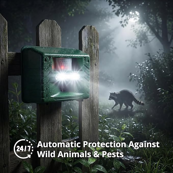 Aspectek Yard Sentinel Ultrasonic Repeller for Deer, Raccoons, Squirrel, Bird, Outdoor Animal Repellent for Yard, Garden, Farm, Patio, Waterproof, Adjustable, Motion Sensor, Nighttime Strobe Light