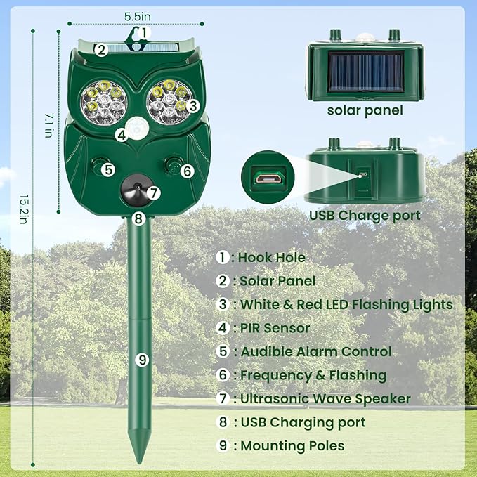 4 Pack Ultrasonic Animal Repellent Outdoor Deer Repellent Outdoor Solar Deer Repllent Devices Animal Deterrent Scare Raccoon, Cat, Rabbit, Dog