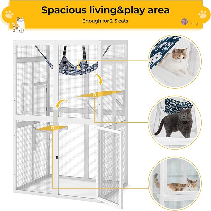 COZIWOW Upgraded Outdoor Cat Catio with Window Access & Jumping Platforms, Weatherproof Wooden Cat Enclosure for Patio/Garden/Backyard (White, 2 Platforms + Hammock, Supports 44lbs)