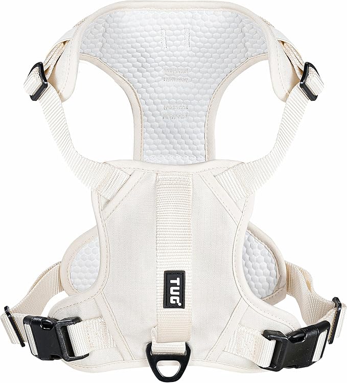 TUG Dog Harness with 2 Leash Connection Points | Adjustable, Padded, Lightweight | Handle on Back | No-Pull Front Clip (Medium, Cream)