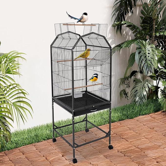 54 Inch 2-Tier Big Bird Cage with Food & Water Bowls Parakeet Bird Cage with Stand, Wheels Metal Birdcage Parrot Cage for Parakeet, Lovebirds, Ringneck, Cockatiels (Black, 2 Tier-Open Top)