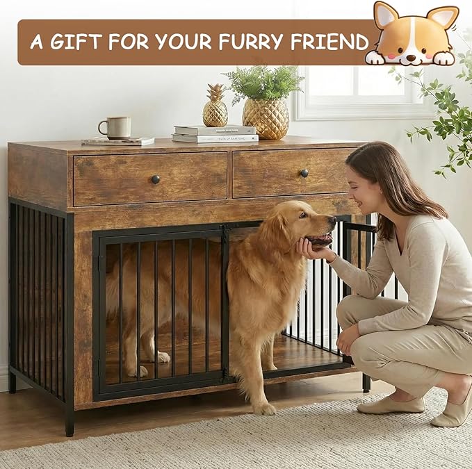 PUKAMI 44inch Large Dog Crate Furniture with Drawers, Wooden Dog Kennel Furniture for Indoor use, Brown End Table Dog House, for Small/Medium/Large Dog, 2-Pack Set