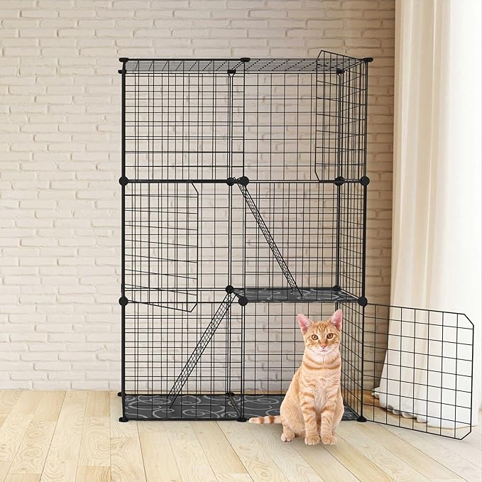Large 3-Tier Cat Cage, Indoor Cat Enclosures Pliable DIY Cat Playpen, Detachable Metal Wire Kennels Cat Crate Box House with 3 Doors 2 Ramp Ladders for 1-2 Cats, Black - 28.2" x 14.0" x 42.1"