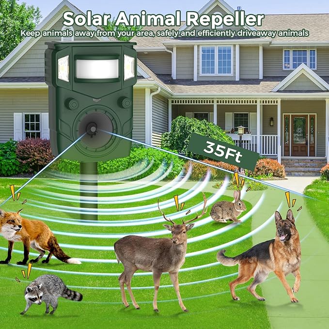 Solar Ultrasonic Animal Repellent, Multi-Modes Deer Repellent Devices,Cat Deterrent Outdoor, Squirrel Raccoon Dog Deterrent with Motion Sensor & Ultrasonic Waves for Garden Yard 2PC Green