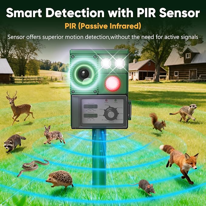 2026 Upgraded Solar Ultrasonic Animal Repellent, Cat Repellent Outdoor, Squirrel Repellent, Deer Repellent Devices, Dog, Raccoon, Skunk, Rabbit, Rodent, Coyote, Waterproof, PIR Sensor Dark Green