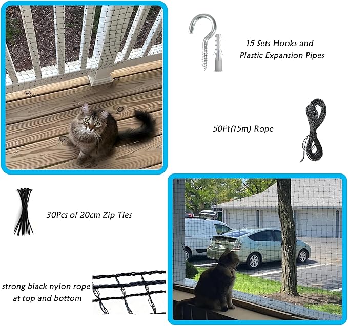 JUNFLYING Cat Netting Balcony 10x13 FT, Wire-Free Pet Protection Mesh for Fall Prevention, Heavy-Duty Catio Screen Barrier for Apartment, Window, Staircase, Terrace and Patio