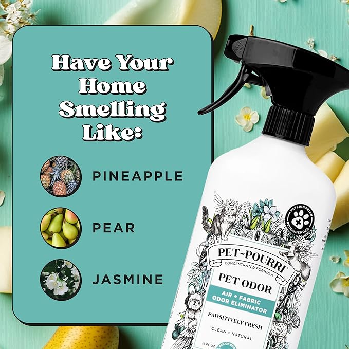 Pet-Pourri Pawsitively Fresh Pet Odor Deodorizer Spray, 16 Fl Oz, Up to 800 Uses, Air + Fabric Odor Remover with Essential Oils & Plant Based Ingredients, Vet Recommended, Pineapple, Jasmine & Pear