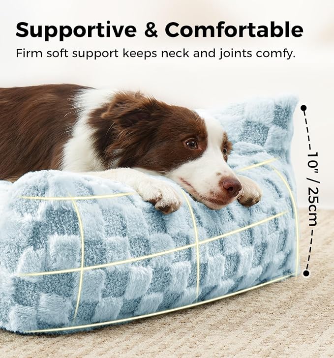 Made4Pets Dog Couch Bed, Soft Faux Fur Checkered Indoor Pet Sofa, Comfortable Fluffy Dog Sofa with Supportive Foam, Removable Washable Cover with Non-Slip Base, Sky Blue, Large
