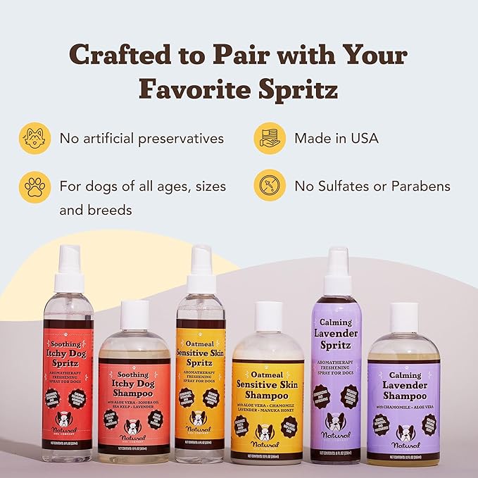 Natural Dog Company Itchy Dog Spritz 8 oz – Hypoallergenic Deodorizing Spray with Aloe, Lavender & Calendula – Soothes Itchy Skin, Refreshes Coat Between Baths – Free from Parabens, Sulfate & Alcohol