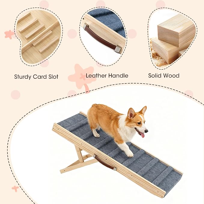 Dog Ramp for Bed, 39.4" Long Wooden Pet Ramp for Small & Large Dogs, 4 Adjustable Heights 12.2" to 22" with Anti-Slip Carpet & Carrying Handle Holds, Portable Dog ramps for Car, Bed, Couch, Outdoo