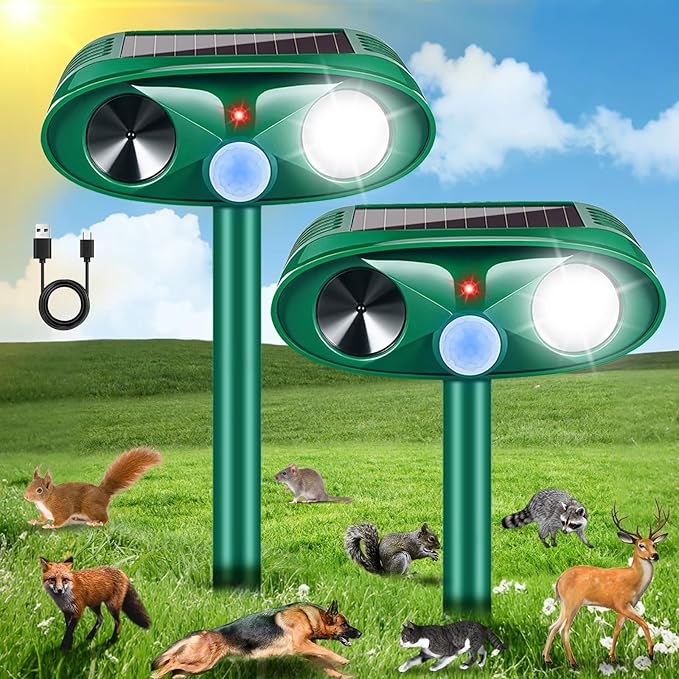 2026 Solar Ultrasonic Animal Repellent Outdoor Motion Activated Cat Deer Repellent IP65 Waterproof Squirrel Raccoon Fortress Pro Skunk Rabbit Dog Bird Deterrents Animal Repeller for Garden Yard,2 Pack