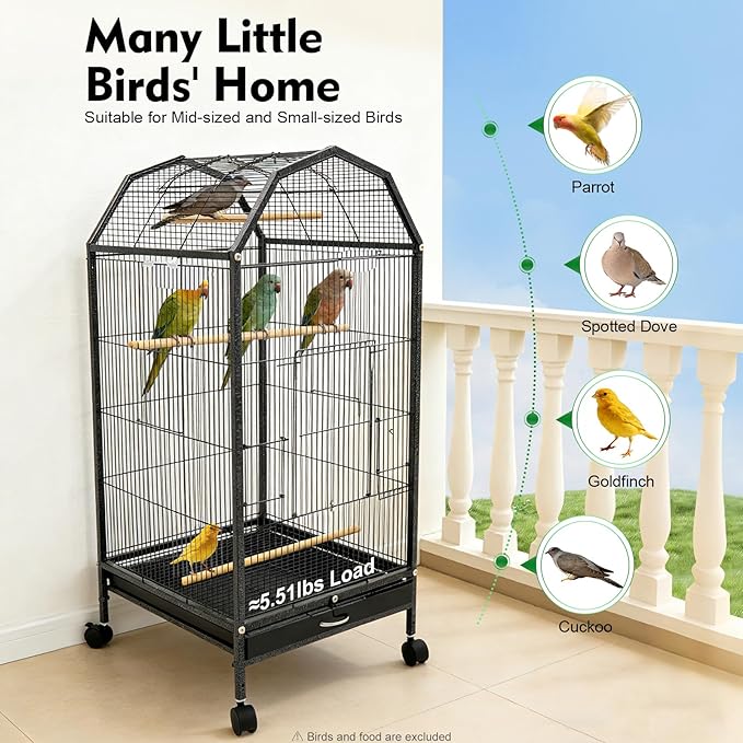 39.9'' Iron Parakeet Bird Cage, Pet Bird Flight Cages with Rolling Stand for Conures Lovebirds Cockatiels Finches Parrot Pet House, Small to Medium Birds