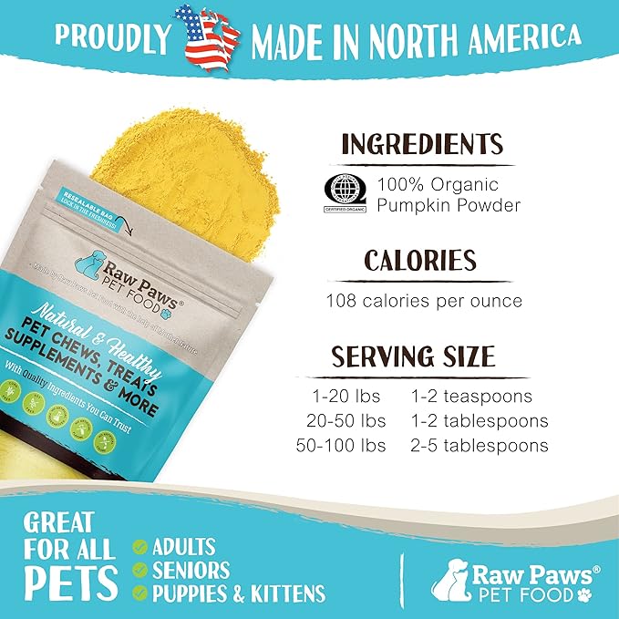 Raw Paws Organic Pumpkin Powder for Dogs & Cats (16-Ounce) - Made in USA - Anti Scoot Powdered Pumpkin for Dogs - Fiber for Dog - Dried Food Sprinkles - Toppers for Dry Food - Fiber for Cats