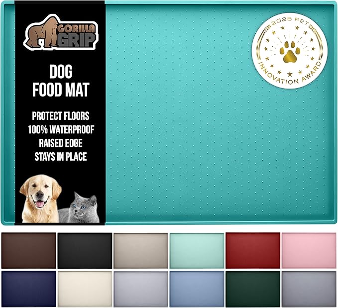 GORILLA GRIP 100% Waterproof Raised Edge BPA Free Silicone Pet Feeding Mat, Dog Cat Food Mats Contain Spills Protects Floors, Placemats for Cats and Dogs Water Bowl, Pets Accessories 28x18 Turquoise