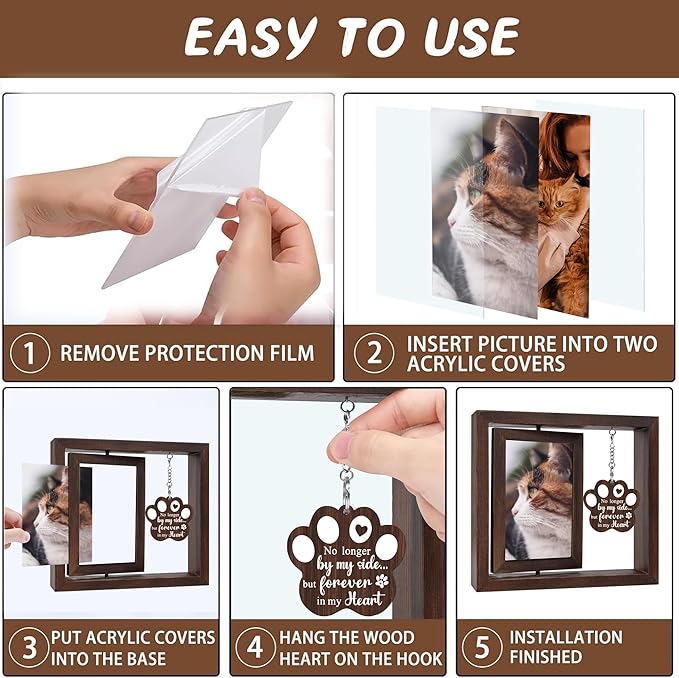 SHOW-YA Cat Memorial Gifts for Loss of Cat - Pet Memorial Gifts Cat,Loss of Cat Sympathy Gift, Cat Passing Away, Pet Remembrance Gift Cat,Rotating Wooden Cat Picture Frame 4x6 Photo