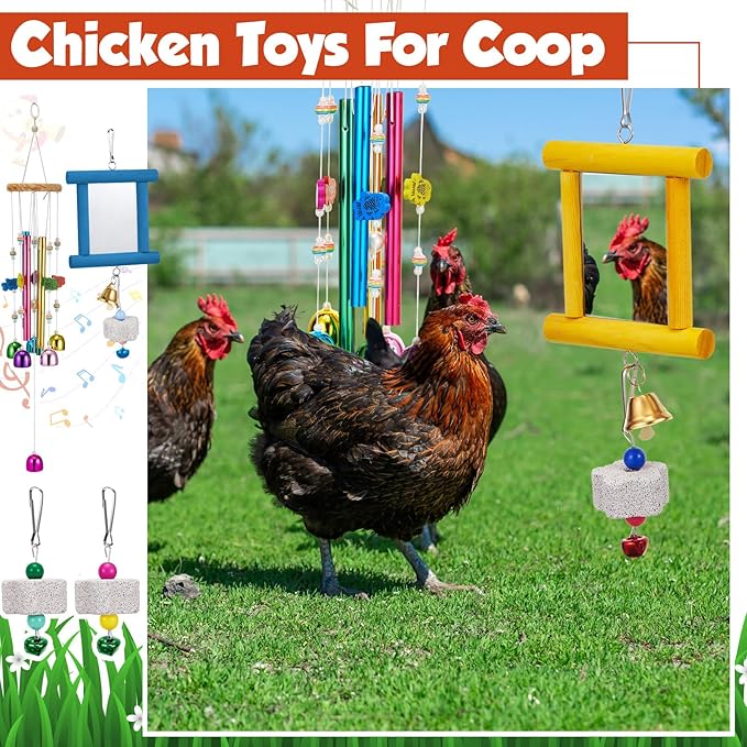 7 Pcs Chicken Toys, Hanging Chicken Wind Chime, 2 Pcs Coop Mirror Toys with Bells 4 Pack Beak Grinding Stones, Musical Coop Accessories for Hens Roosters Chicks Poultry Birds(Yellow，Blue)