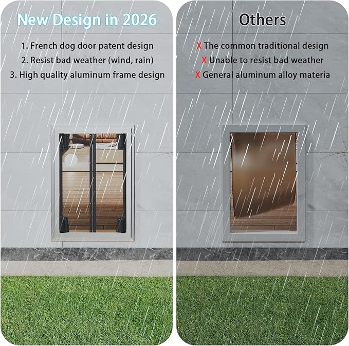 Dog Door for Wall, Energy Efficient French Doggy Door with Aluminum Frame, Telescoping Tunnel, Magnetic Flaps and Sliding Lock Panel, Easy Install for Walls 4"- 7 7/8" Thick, Large (up to 80 lbs)