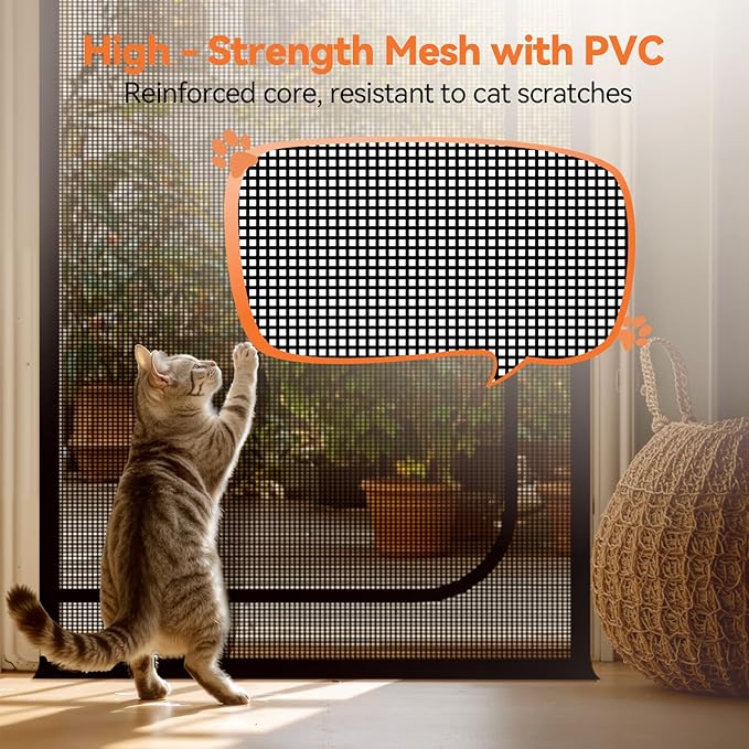 BFNN Cat Screen Door, Extra Tall Cat-Proof Mesh Gate, Fit Door Size 38'' x 82'', Anti Scratch Mesh with Zipper Closure, for Living Room, Kitchen, Bedroom (Black)