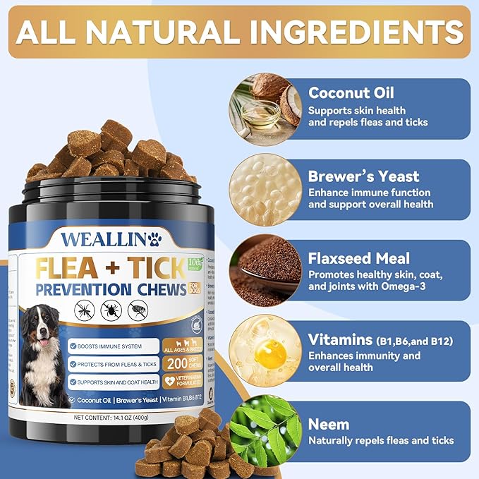 Flea and Tick Prevention Chews for Dog&Cats, Flea and Tick Prevention for Dogs, Flea and Tick Prevention for Cats, 200 Soft Chews, Chicken Flavor, Natural Flea and Tick Treatment