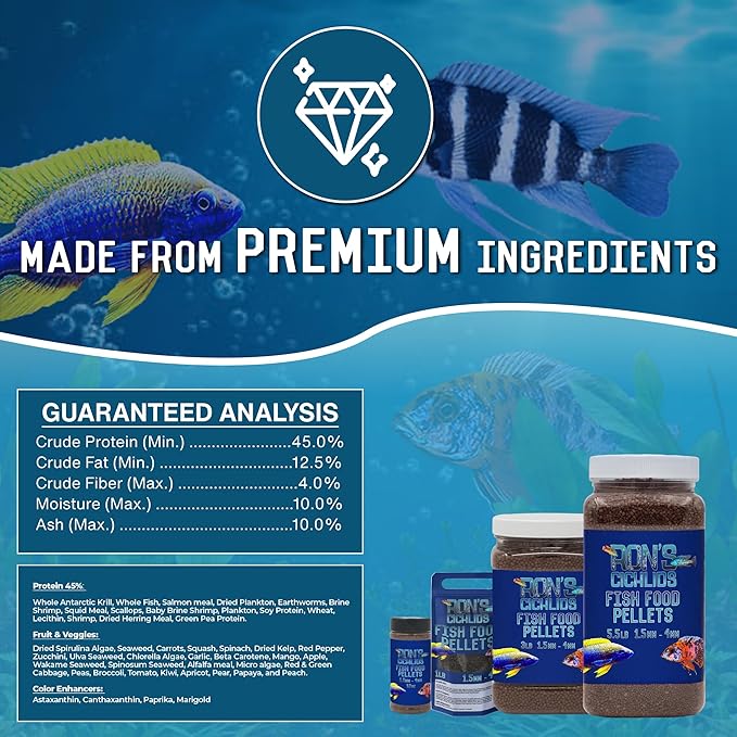 RON'S CICHLIDS Adult African Cichlid Fish Food Pellets – USA Made Slow Sinking Cichlid Pellets & Sticks Feed, Low Fillers, Ideal for Cichlid Food, Koi, Goldfish, Pleco, Oscar & Tropical Fish, 12 OZ