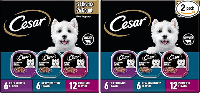 Cesar Filets in Gravy Adult Wet Dog Food Variety Package,Filet Mignon,New York Strip and Prime Rib Flavors,3.5 oz. Easy Peel Trays,Variety Pack,24 Count (Pack of 2)