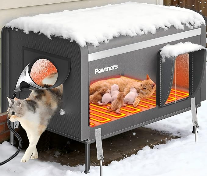 Pawtners Heated Outdoor Cat House for Outside Cats, 26'' XL Insulated Weatherproof Cat Shelter with Heated Pad, Elevated Feet & Escape Door, Warm Kitty House for Feral or Stray Cats in Winter