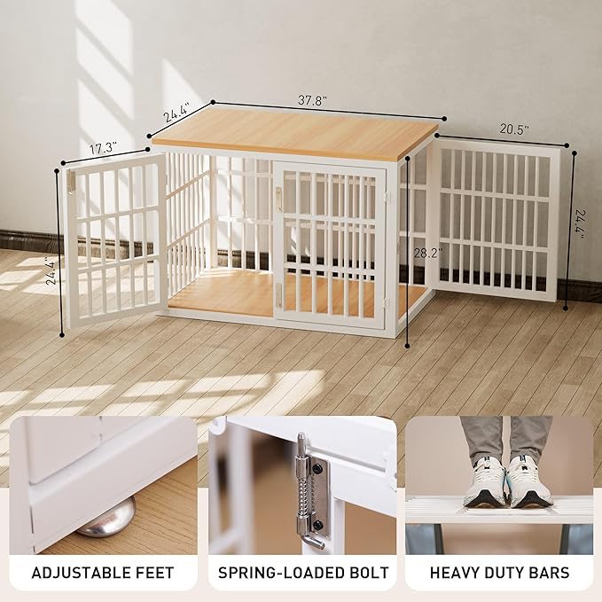 Heavy Duty Dog Crate Furniture for Large and Medium Dogs, Dog Kennel Indoor Furniture, Indestructible Metal Crate with Double-Doors, Dog Crate End Table, Chew-Resistant, 38 Inch White