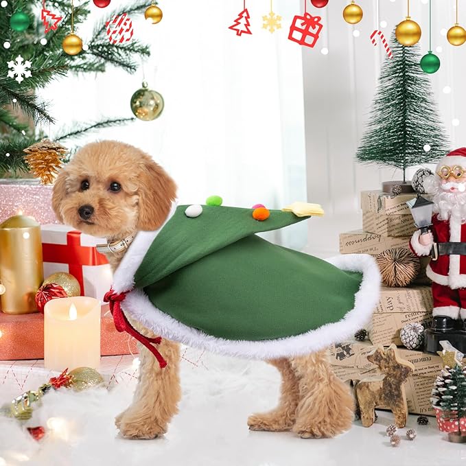 Cat Christmas Cape, Dog Soft Thick Xmas Cloak with Velvet Stars Hat, Pets Christmas Costume Dogs Cats Santa Claus Outfits for Goose Rabbit, S