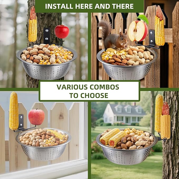 2 Pack 8.5"/1.4L Squirrel & Bird Feeder Combo - 1 Metal Food Bowl with Colander System + 1 Water/Bath/Swim Tray | Tree/Fence Mounted Perfect for Outside | Removable Easy Clean Wildlife Delight