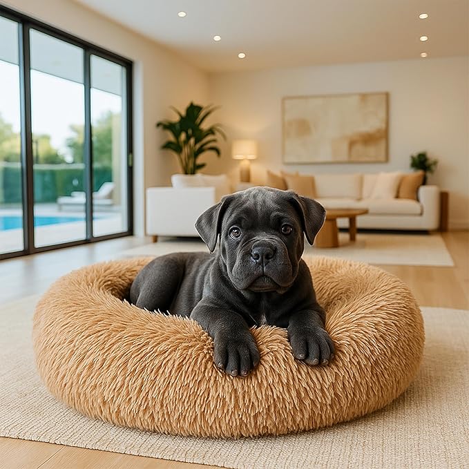 Calming Dog Bed - Fluffy Donut Cuddler for Anxiety Relief, Orthopedic Pet Bed with Non-Slip Bottom, Cozy Round Faux Fur Nest for Dogs and Cats, Plush Crate Mat for Comfort (Camel, Small)