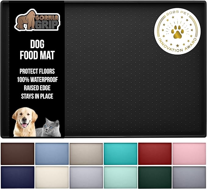GORILLA GRIP 100% Waterproof Raised Edge BPA Free Silicone Pet Feeding Mat, Dog Cat Food Mats Contain Spills Protects Floors, Placemats for Cats and Dogs Water Bowl, Pets Accessories 28x18 Black