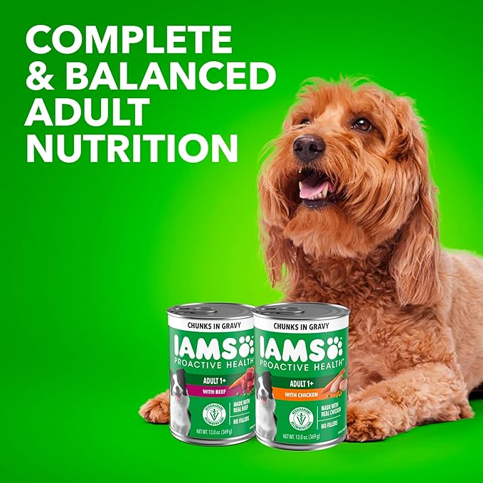 IAMS Proactive Health Wet Dog Food Adult, Canned Dog Food, Chicken Chunks in Gravy and Beef Chunks in Gravy, 13 oz. Cans, Pack of 12