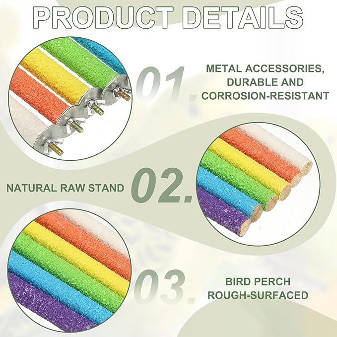 Parrot Perch, Wooden Parrot Perch Stand Toy, Paw Grinding Stick, Bird Cage Accessories, 7.87 x 0.6in (6 Colors, 6 Pcs) Birds Toys Intended for Cage/Parakeets/Conure/Budgie