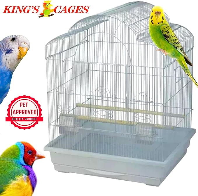 Kings Cages Model ES 2521 T Triple Top Bird Cage 25" x 21" x 30" Powder-Coated Non-Toxic Spacious Cage for Cockatiels Finches Parakeets Canaries and Similar Breeds (White)