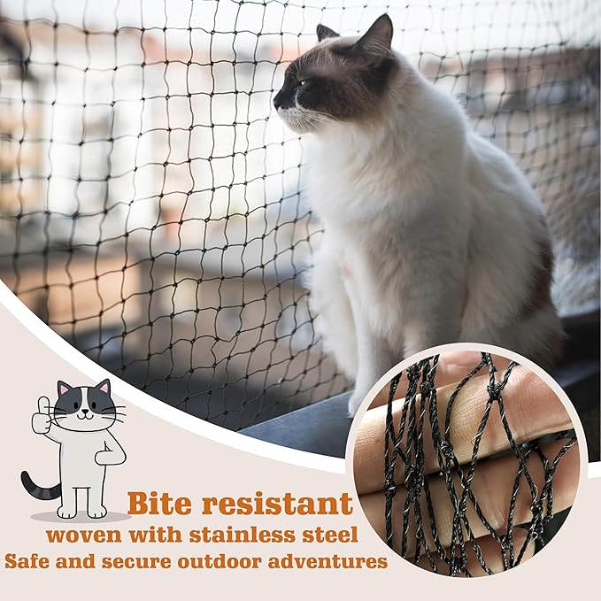 Cat Netting,Balcony Netting for Pets,Steel Wire Reinforced Balcony Screen for Pets, Anti-Fall Cat Net for Balcony and Windows,Stair, Patio（Black,10 * 13ft）