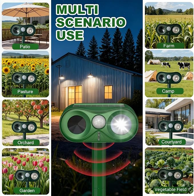 Upgraded Ultrasonic Animal Repeller,Solar Powered Cat Repellent Outdoor,Deer Deterrent with LED Flashing Motion,Sensor and Sound,Waterproof Bird Repeller for Dog Fox Garden Patio Dark-Green