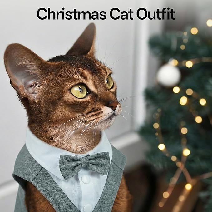 PUMYPOREITY Cat Tuxedo Suit Formal Wear with Bow Tie, Soft Skin-Friendly Cat Costumes for Cats Only, Elegant Outfit for Male Female Cats, Perfect for Wedding Birthday Photo Shoots, M, Grey
