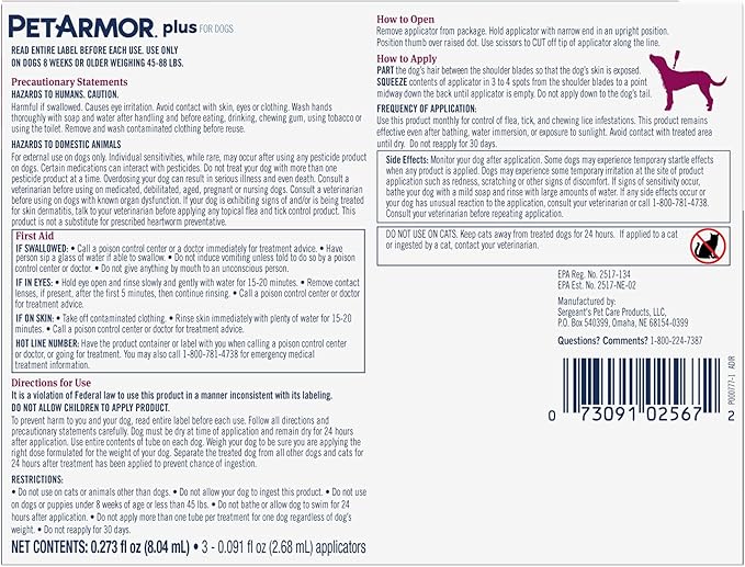 PetArmor Plus Flea and Tick Prevention for Dogs, Large Dog Flea and Tick Treatment, 6 Doses, Waterproof Topical, Fast Acting (45-88 lbs)