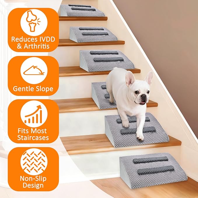 Dog Ramp for Stairs with Anti-Slip Bump for Small & Senior Dogs and Cats – Stair Wedges for Dogs with Gentle Slope, Pet Ramp with Washable Cover & Self-Sticky Pads for Safe Climbing (Gray, 3 Pack)