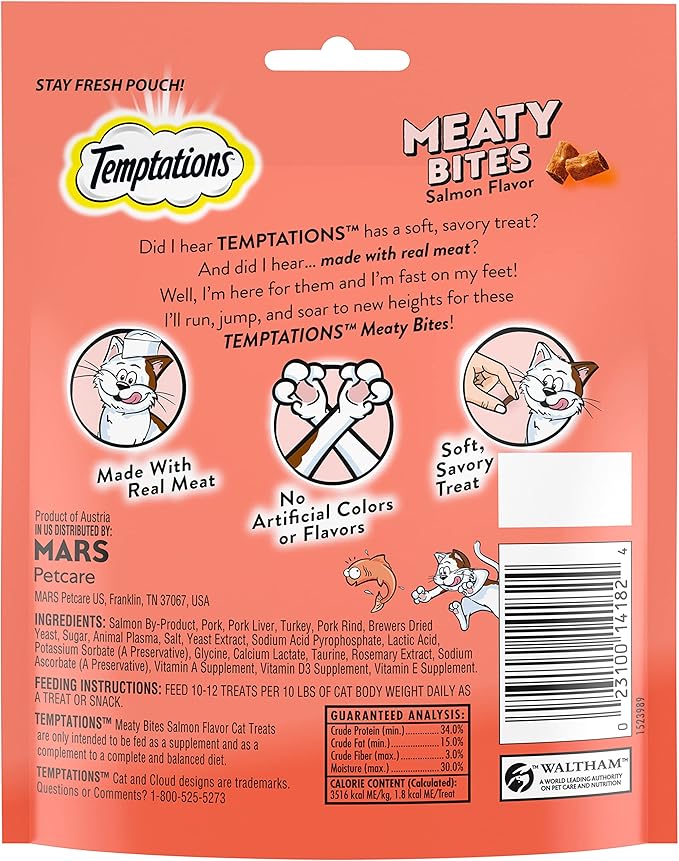 Temptations Meaty Bites Savory and Soft Cat Treats, Salmon Flavor, 4.12 oz. Pouch